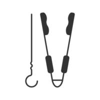 brochette de gril et icône de glyphe de pinces. symbole de la silhouette. outils de barbecue. espace négatif. illustration vectorielle isolée vecteur