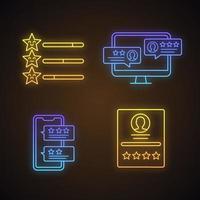 ensemble d'icônes de néon de notation. commentaires des clients, échelle de notation, commentaires. signes lumineux. illustrations vectorielles isolées vecteur
