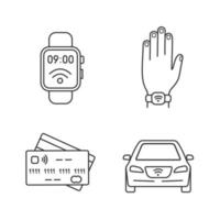 ensemble d'icônes linéaires de technologie nfc. smartwatch en champ proche, bracelet, cartes de crédit, voiture. symboles de contour de ligne mince. illustrations vectorielles isolées. trait modifiable vecteur