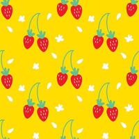 motif de dessins animés de fraises et de fleurs blanches. fond jaune. le motif mignon sans couture dans une mode fille ou bébé, fraise colorée fraîche et juteuse en valentine. conception de vecteur pour la mode.