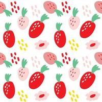 motif de dessins animés mignons aux fraises. fond blanc. le motif mignon sans couture dans une mode fille ou bébé, fraise colorée fraîche et juteuse minimale en valentine. conception de vecteur pour la mode.