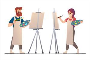 artistes masculins et féminins peignant sur toile, illustration vectorielle de dessin animé vecteur