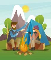 bonheur couple camp et grill dans la nature illustration vectorielle vecteur