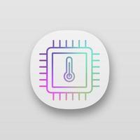 icône de l'application de température du processeur. temp. surchauffe du processeur. puce, micropuce, jeu de puces. unité centrale de chauffage. circuit intégré et thermomètre. interface utilisateur ux. illustration vectorielle isolée vecteur