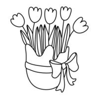 coquille d'oeuf avec des fleurs de tulipes printanières décorées d'un ruban arc. idéal pour les cartes de voeux de Pâques, les livres à colorier. doodle illustration dessinée à la main contour noir. vecteur