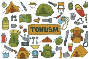 tourisme, camping, vacances dans un style doodle. ensemble d'images clipart d'équipement de camping et de randonnée. nature, loisirs forestiers, sport vecteur