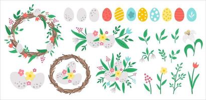 ensemble d'éléments décoratifs de pâques vectoriels. concevoir des compositions avec des œufs, des plantes et des feuilles. collection d'icônes de printemps. panier de vacances, couronne florale, premières fleurs et œufs colorés. vecteur