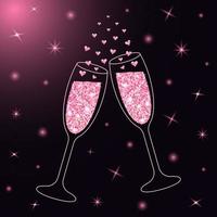 deux verres de champagne étincelants avec des paillettes roses et des bulles de coeur. fond sombre coloré avec des étoiles lumineuses. vecteur