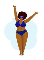 une fille dodue heureuse à la peau foncée en maillot de bain bleu. corps positif. aime ton corps. filles sur la plage. l'acceptation de votre corps. vecteur