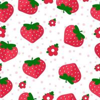 motif fraise sur fond blanc dans un style dessin animé avec des fleurs et des pois. pour les emballages, les textiles pour enfants et les fournitures de bureau. illustration vectorielle vecteur