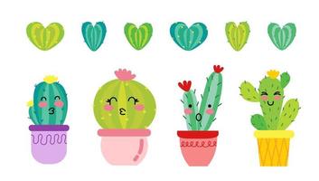 un ensemble de cactus drôles dans des pots et des coeurs de cactus. pour une utilisation dans l'impression, les cartes postales, les textiles. illustration vectorielle. vecteur