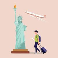 jeune garçon se rend à la statue de la liberté à new york, états-unis. illustration colorée de vecteur. vecteur