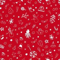 modèle sans couture de vecteur noël et nouvel an avec des éléments de griffonnages blancs sur fond rouge. bonhomme de neige dessin animé mignon, guirlande, boite cadeau, bougie, bonbons, sapin de Noël, branche de sapin, couronne, flocons de neige
