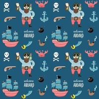 modèle sans couture pour enfants dans un style nautique avec des pirates, un navire, un revolver, un crâne, une pipe à fumer vecteur