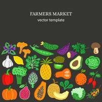 affiche publicitaire avec fruits et légumes naturels. modèle de vecteur plat avec des aliments biologiques avec un fond sombre