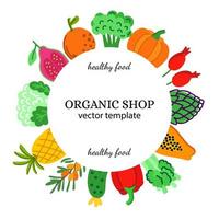 une bannière circulaire avec une image de légumes et de fruits pour un magasin d'aliments biologiques. modèle de vecteur plat