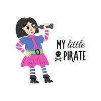 illustration pour enfants d'une fille pirate en tenue de mer et avec un télescope dans les mains. l'expression petit pirate vecteur