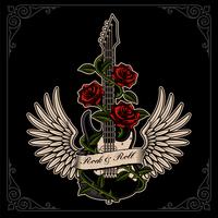 Illustration vectorielle de guitare avec des ailes et des roses dans le style de tatouage. vecteur