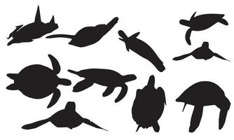 ensemble de silhouette noire grande tortue de mer dessin animé mignon animal design tortue océanique nageant dans l'eau illustration vectorielle plane isolée sur fond blanc. logo vectoriel collection de tortues