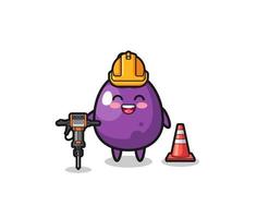 mascotte de travailleur routier d'aubergine tenant une perceuse vecteur