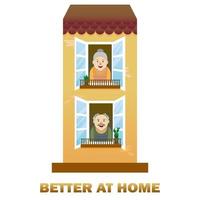 un homme et une femme âgés.la maison est meilleure.ouvrir les fenêtres des immeubles de grande hauteur.les gens dans la fenêtre.grand-mère et grand-père sont à la maison.illustration vectorielle vecteur