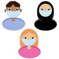 un ensemble de personnes portant un masque médical. un sombre. garçon écorché, une femme musulmane, une illustration européenne woman.flat. vecteur