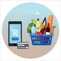 commander un panier d'épicerie dans un magasin à l'aide d'une application mobile, commander en ligne des aliments dans les supermarchés vecteur