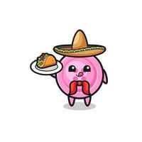 bouton de vêtement mascotte de chef mexicain tenant un taco vecteur