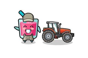 la mascotte du fermier de jus de fraise debout à côté d'un tracteur vecteur