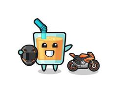 dessin animé mignon de jus d'orange en tant que coureur de moto vecteur