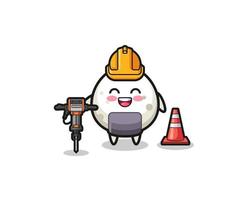 mascotte de travailleur routier d'onigiri tenant une perceuse vecteur