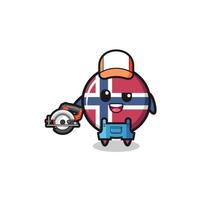 la mascotte du drapeau norvège menuisier tenant une scie circulaire vecteur