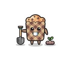 dessin animé mignon muffin plante une graine d'arbre vecteur