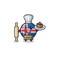 drapeau de l'islande en tant que mascotte du chef pâtissier tenir un rouleau à pâtisserie vecteur