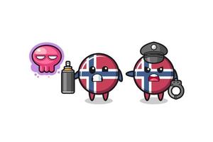 dessin animé du drapeau de la norvège faisant du vandalisme et attrapé par la police vecteur