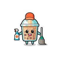 personnage mignon de thé à bulles en tant que mascotte des services de nettoyage vecteur