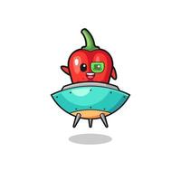 dessin animé de poivron rouge chevauchant un futur vaisseau spatial vecteur