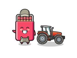 la mascotte du fermier de la boîte d'allumettes debout à côté d'un tracteur vecteur