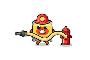 dessin animé de collation en tant que mascotte de pompier avec tuyau d'eau vecteur