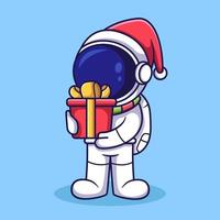 personnage d'astronaute mignon tenant une boîte-cadeau de noël. illustration de style dessin animé plat. vecteur