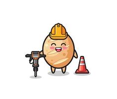 mascotte de travailleur routier de pain français tenant une perceuse vecteur