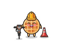 mascotte de travailleur routier de gaufre circulaire tenant une perceuse vecteur