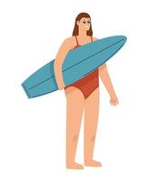femme touriste avec planche de surf vecteur