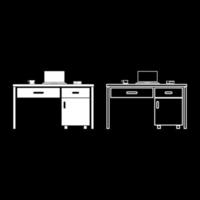 ordinateur de bureau avec téléphone portable et tasse de thé trucs d'affaires sur l'icône de table contour ensemble illustration vectorielle de couleur blanche image de style plat vecteur