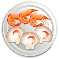 Crevettes et pétoncles sur assiette vecteur
