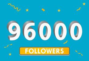 illustration numéros 3d pour les médias sociaux 96k aime merci, célébrant les fans des abonnés. bannière avec 96000 followers vecteur