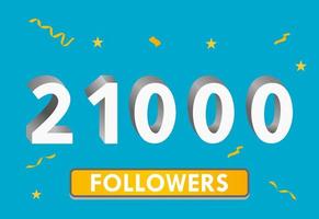 illustration numéros 3d pour les médias sociaux 21k aime merci, célébrant les fans des abonnés. bannière avec 21000 followers vecteur