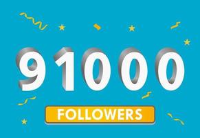 illustration numéros 3d pour les médias sociaux 91k aime merci, célébrant les fans des abonnés. bannière avec 91000 followers vecteur