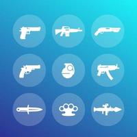 ensemble d'icônes d'armes, pistolet, fusil, revolver, fusil de chasse, grenade, mitrailleuse, couteau, lance-roquettes, arme à feu, explosif