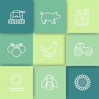 ferme, icônes de ligne de ranch, tracteur, moissonneuse, poule, cochon, récolte, icônes de légumes sur les carrés, illustration vectorielle vecteur